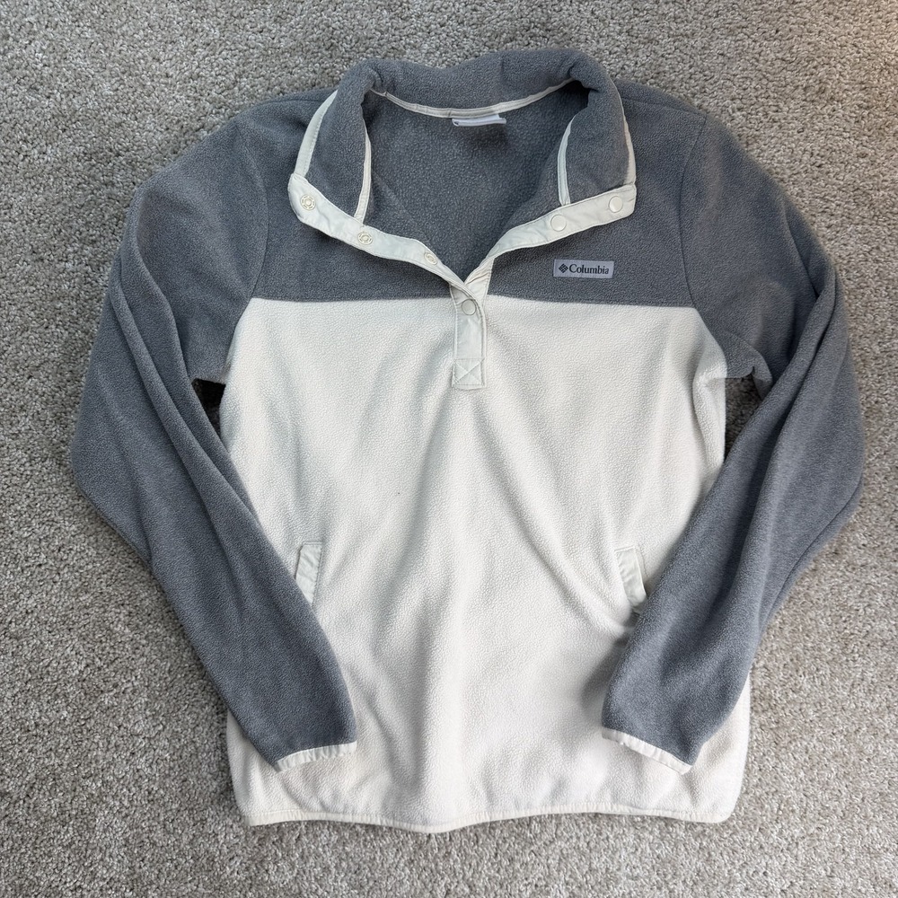 Columbia Jacket Womens M Gray White Fleece Snap Pullover Colorblock Pockets